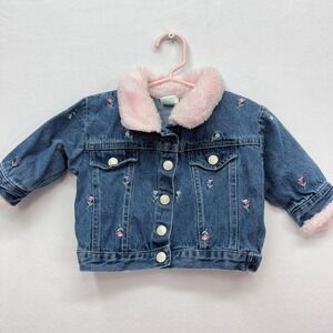 Denim Jacket Kids 12M Blue Pink Floral Faux Fur Collar Tulip Vintage